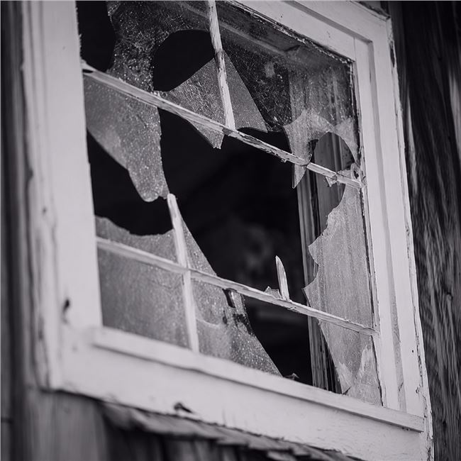 Person looking through broken window
