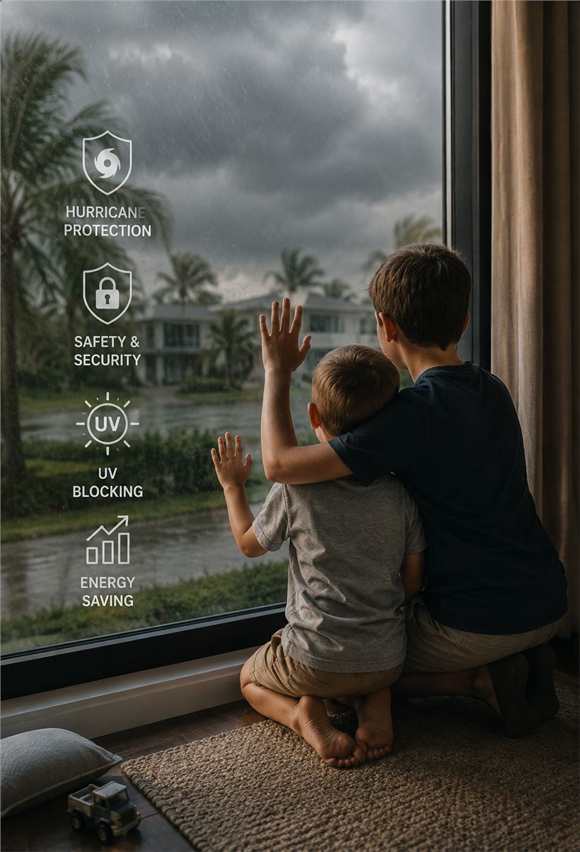 Family protected at home with hurricane safety film